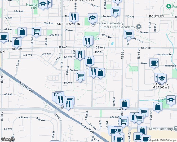 map of restaurants, bars, coffee shops, grocery stores, and more near 6568 193B Street in Surrey