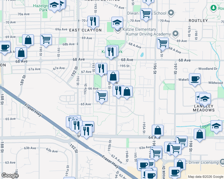 map of restaurants, bars, coffee shops, grocery stores, and more near in Surrey