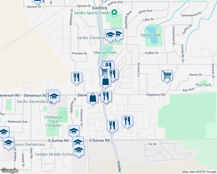 map of restaurants, bars, coffee shops, grocery stores, and more near 6640 Vedder Road in Chilliwack