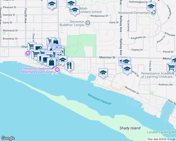 map of restaurants, bars, coffee shops, grocery stores, and more near 4311 Bayview Street in Richmond