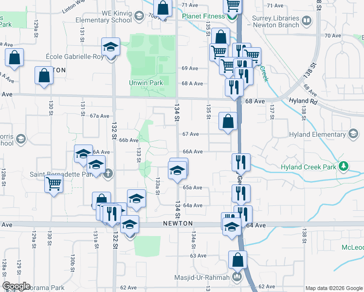 map of restaurants, bars, coffee shops, grocery stores, and more near 6648 134 Street in Surrey