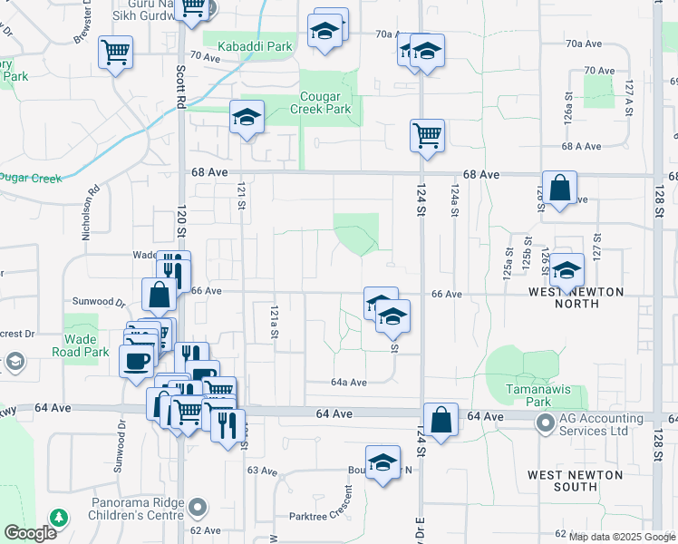 map of restaurants, bars, coffee shops, grocery stores, and more near 6638 122A Street in Surrey