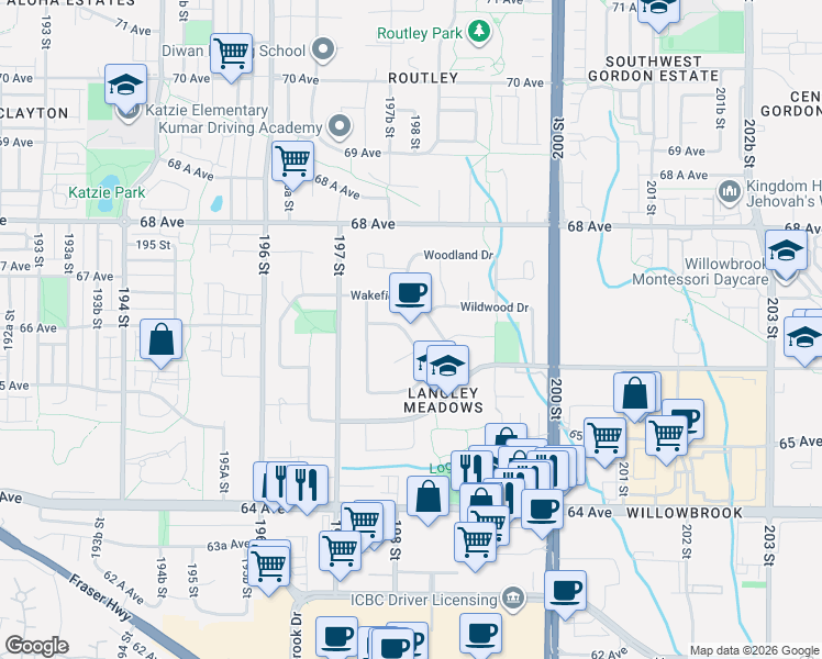 map of restaurants, bars, coffee shops, grocery stores, and more near 2521 Wilding Crescent in Langley