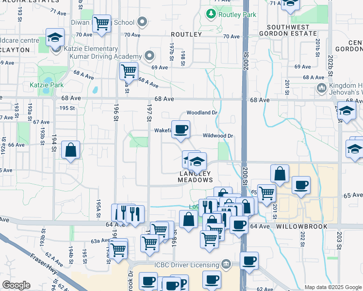 map of restaurants, bars, coffee shops, grocery stores, and more near 2521 Wilding Crescent in Langley