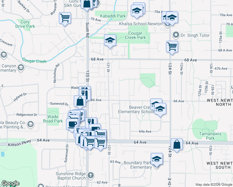 map of restaurants, bars, coffee shops, grocery stores, and more near 6631 121A Street in Surrey