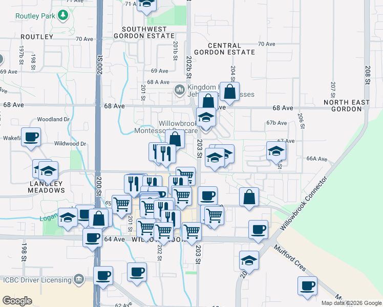 map of restaurants, bars, coffee shops, grocery stores, and more near 6651 203 Street in Langley Township