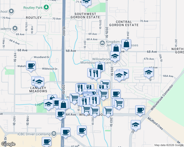 map of restaurants, bars, coffee shops, grocery stores, and more near 20211 66 Avenue in Langley Township