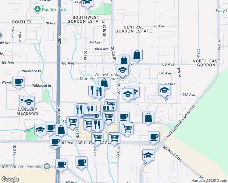 map of restaurants, bars, coffee shops, grocery stores, and more near 6651 203 Street in Langley Township
