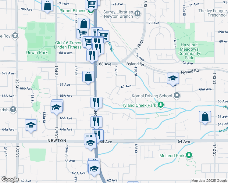 map of restaurants, bars, coffee shops, grocery stores, and more near 13710 67 Avenue in Surrey