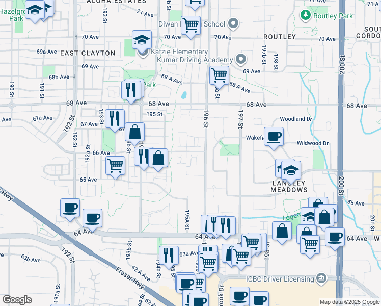 map of restaurants, bars, coffee shops, grocery stores, and more near 6588 195A Street in Surrey