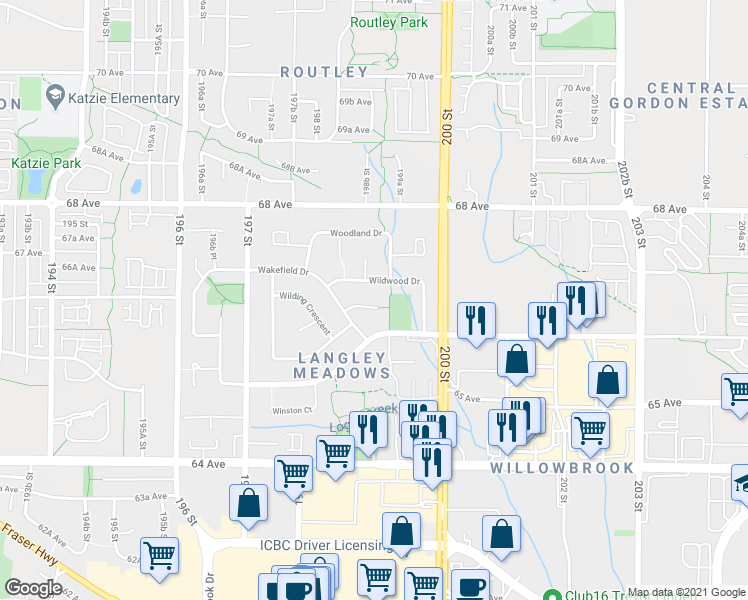 map of restaurants, bars, coffee shops, grocery stores, and more near 2373 Wakefield Court in Langley City