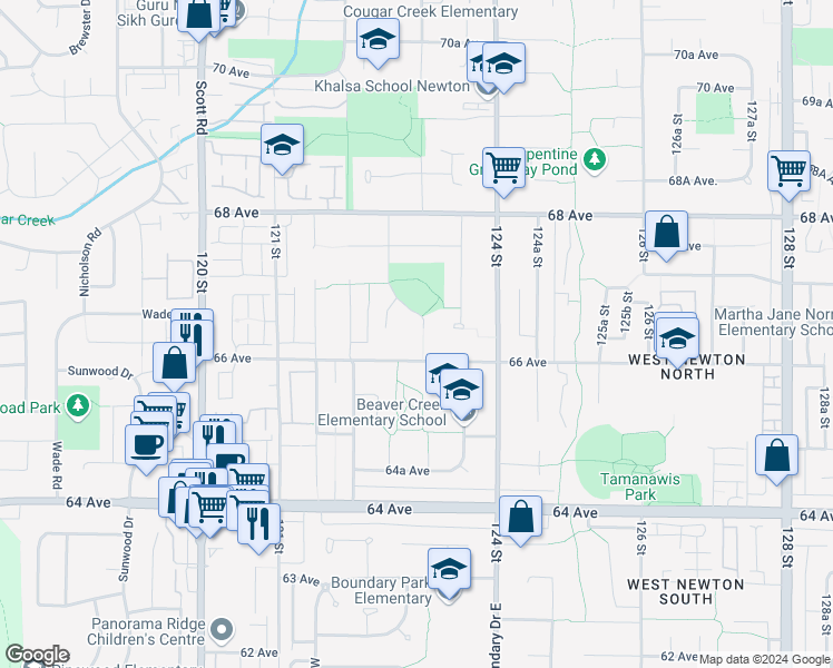 map of restaurants, bars, coffee shops, grocery stores, and more near 6641 123 Street in Surrey
