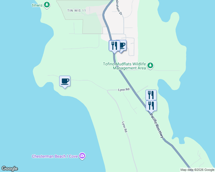 map of restaurants, bars, coffee shops, grocery stores, and more near 1197 Lynn Road in Tofino