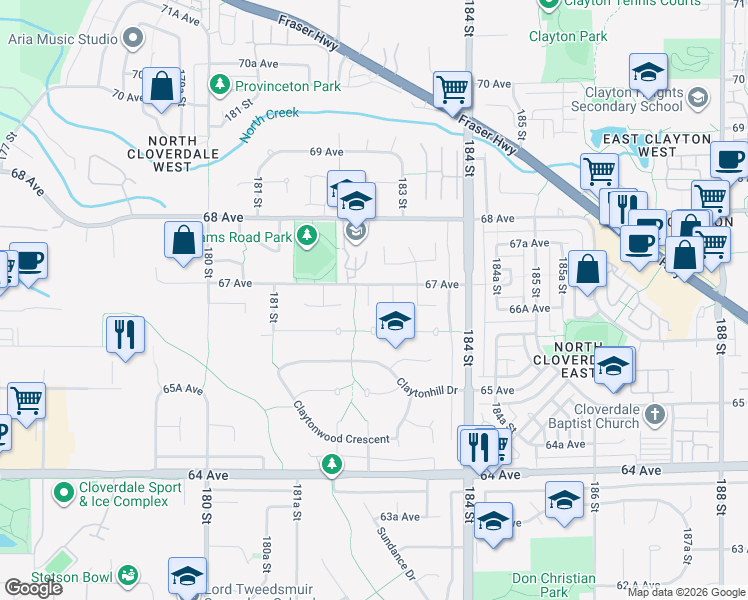 map of restaurants, bars, coffee shops, grocery stores, and more near 6672 182A Street in Surrey
