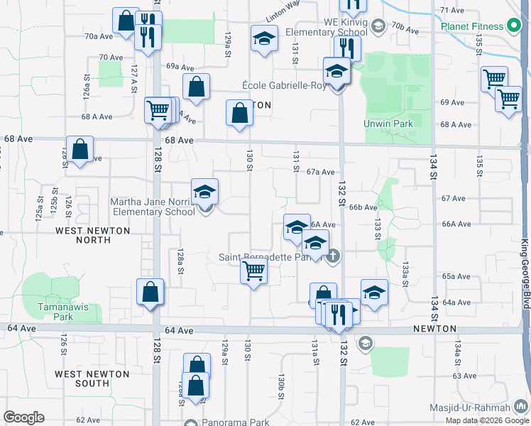map of restaurants, bars, coffee shops, grocery stores, and more near 6653 130A Street in Surrey