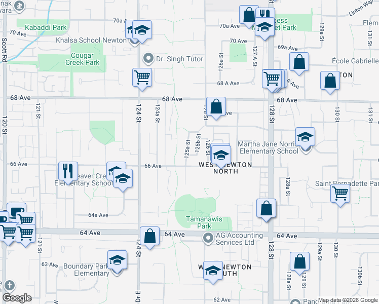 map of restaurants, bars, coffee shops, grocery stores, and more near 6638 125A Street in Surrey