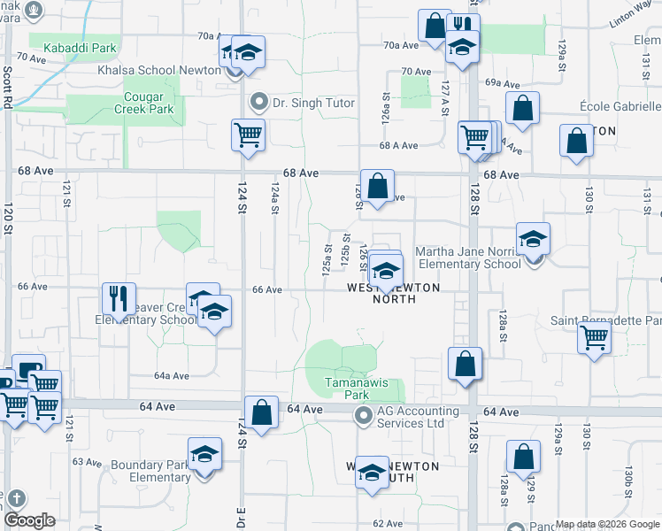 map of restaurants, bars, coffee shops, grocery stores, and more near 6638 125A Street in Surrey