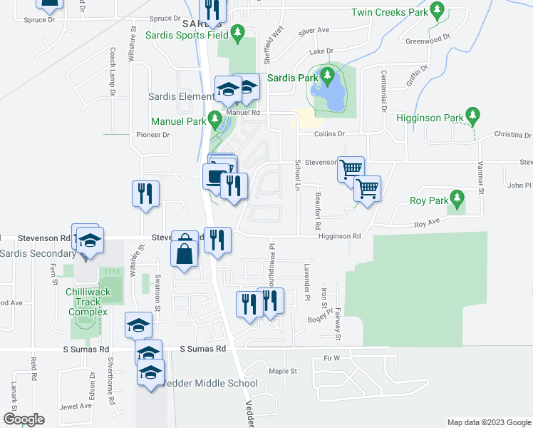 map of restaurants, bars, coffee shops, grocery stores, and more near 45823 Higginson Road in Chilliwack
