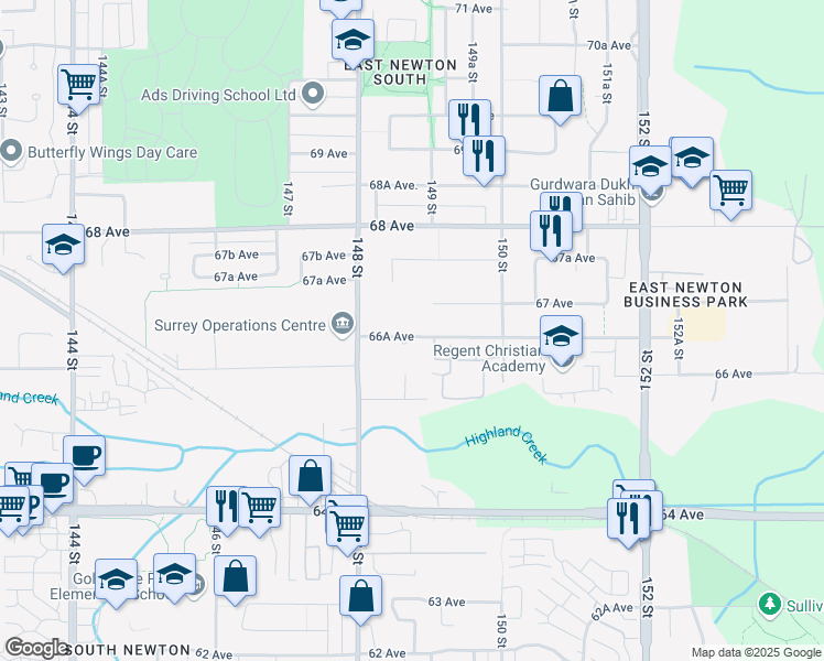 map of restaurants, bars, coffee shops, grocery stores, and more near in Surrey