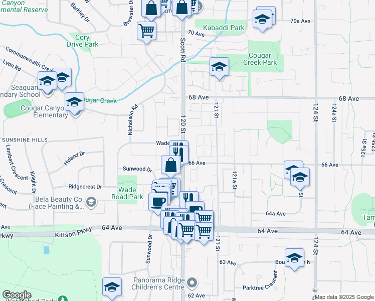 map of restaurants, bars, coffee shops, grocery stores, and more near 11985 Carriage Place in Delta