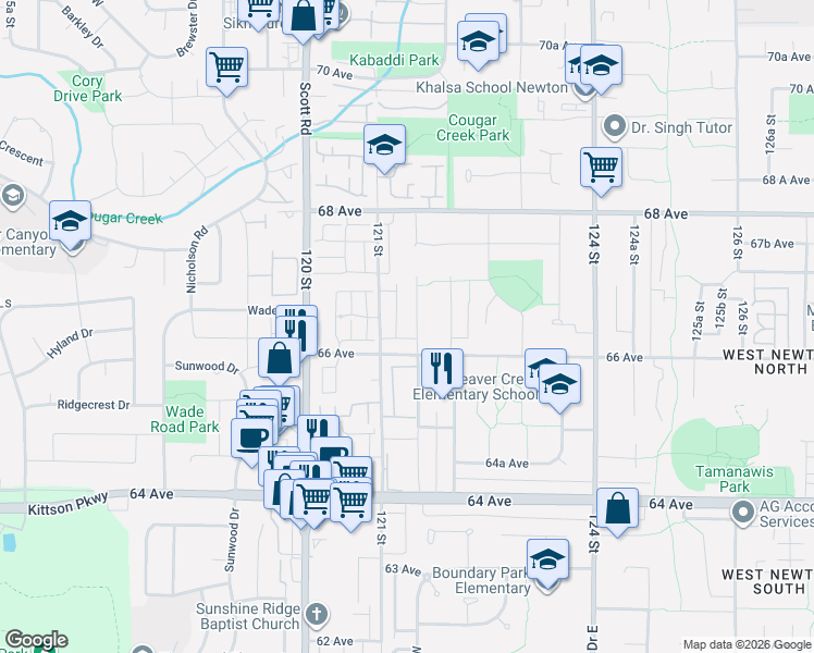 map of restaurants, bars, coffee shops, grocery stores, and more near 6637 121A Street in Surrey