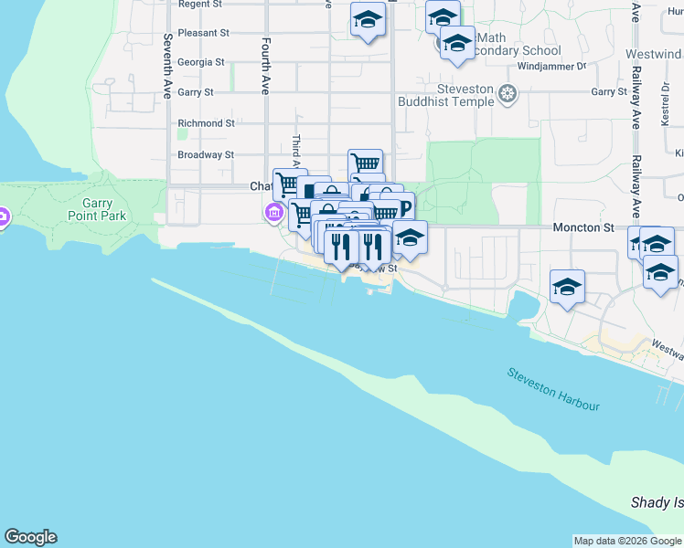 map of restaurants, bars, coffee shops, grocery stores, and more near 3866 Bayview Street in Richmond
