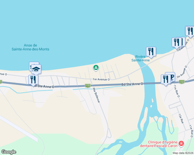 map of restaurants, bars, coffee shops, grocery stores, and more near 299c 1re Avenue Ouest in Sainte-Anne-des-Monts