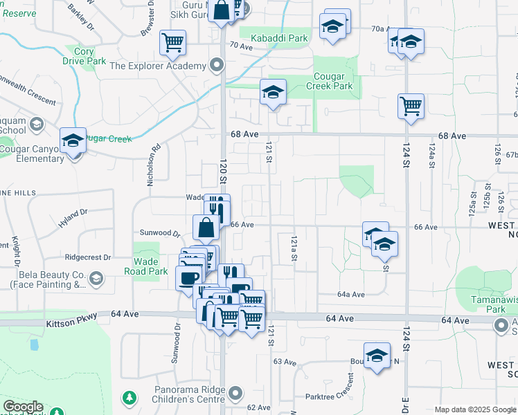 map of restaurants, bars, coffee shops, grocery stores, and more near 6671 121 Street in Surrey