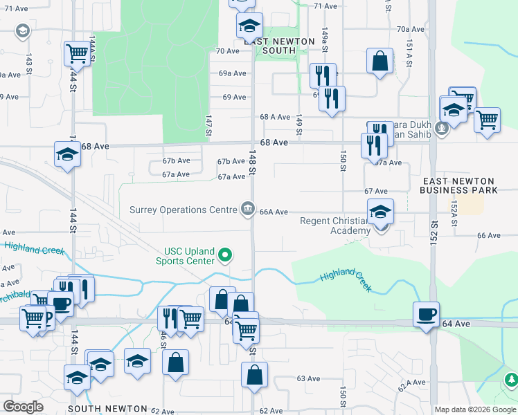map of restaurants, bars, coffee shops, grocery stores, and more near 6652 148 Street in Surrey