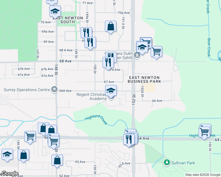 map of restaurants, bars, coffee shops, grocery stores, and more near 15089 66A Avenue in Surrey