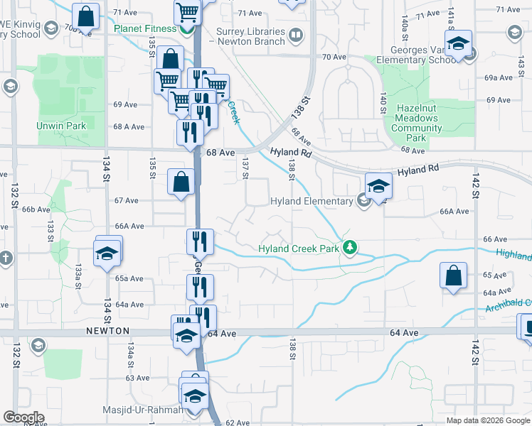 map of restaurants, bars, coffee shops, grocery stores, and more near 6657 138 Street in Surrey