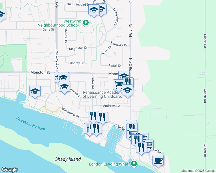 map of restaurants, bars, coffee shops, grocery stores, and more near 12277 Shinde Place in Richmond