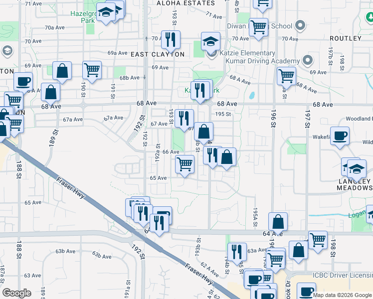 map of restaurants, bars, coffee shops, grocery stores, and more near 19326 66 Avenue in Surrey