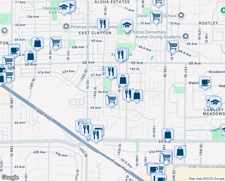 map of restaurants, bars, coffee shops, grocery stores, and more near 6602 193A Street in Surrey