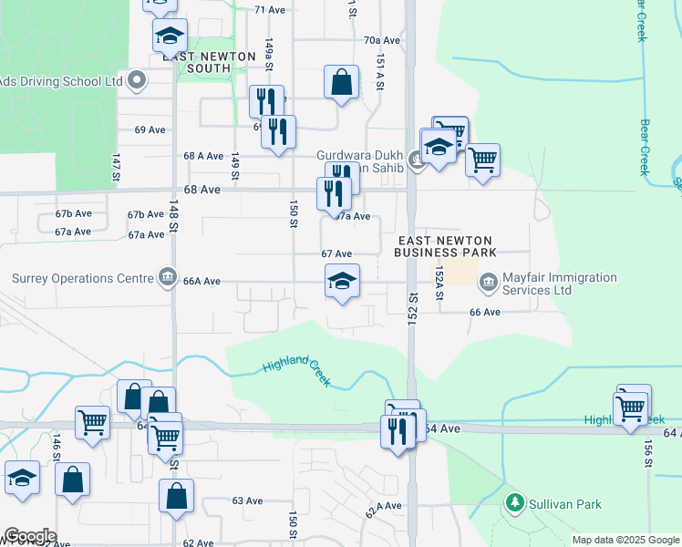 map of restaurants, bars, coffee shops, grocery stores, and more near 15089 66A Avenue in Surrey