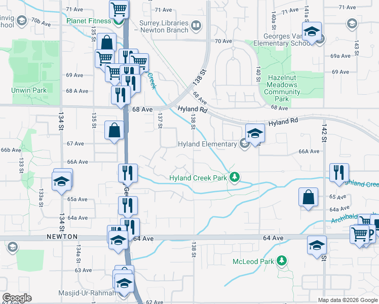 map of restaurants, bars, coffee shops, grocery stores, and more near 6673 138 Street in Surrey