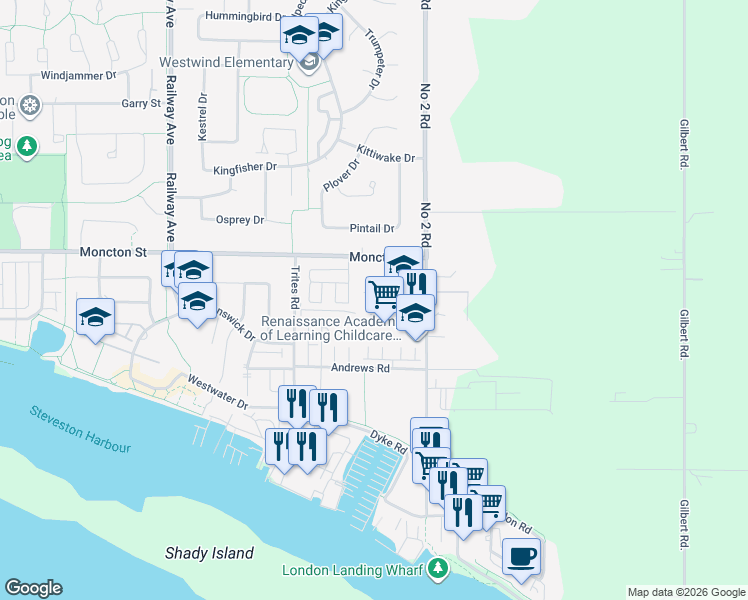 map of restaurants, bars, coffee shops, grocery stores, and more near 12311 Number 2 Road in Richmond