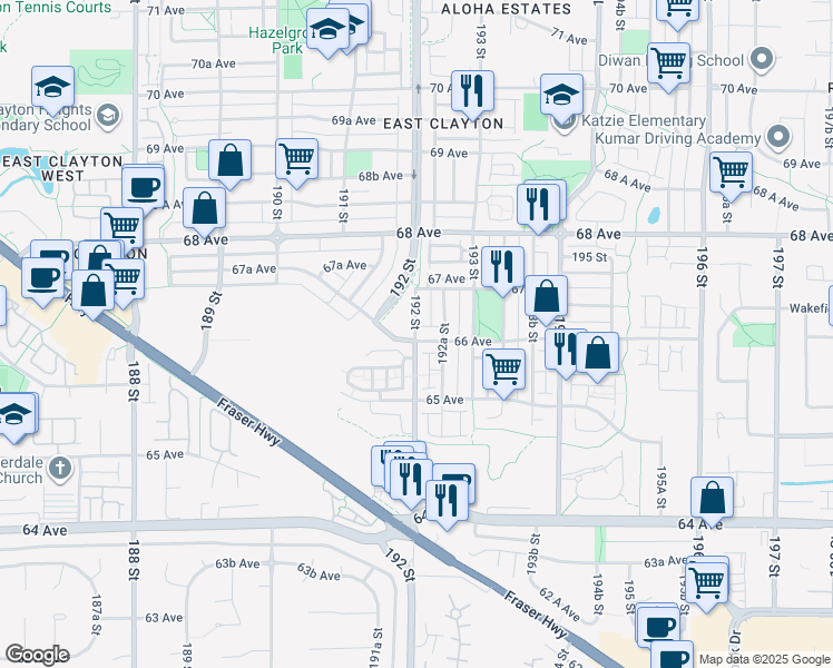 map of restaurants, bars, coffee shops, grocery stores, and more near 19201 66 Avenue in Surrey