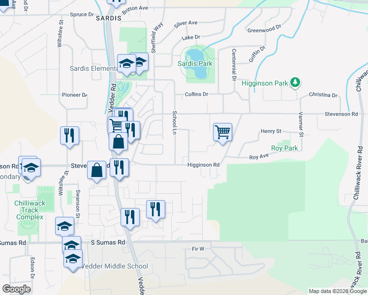 map of restaurants, bars, coffee shops, grocery stores, and more near 6674 School Lane in Chilliwack