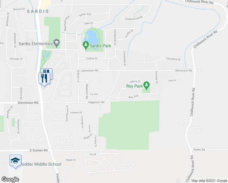 map of restaurants, bars, coffee shops, grocery stores, and more near 46052 Higginson Road in Chilliwack