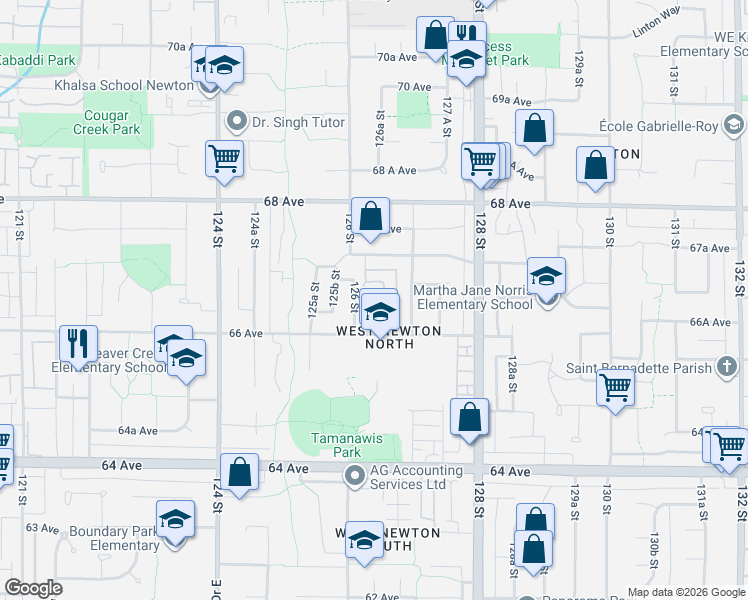 map of restaurants, bars, coffee shops, grocery stores, and more near 12625 Hampton Court in Surrey