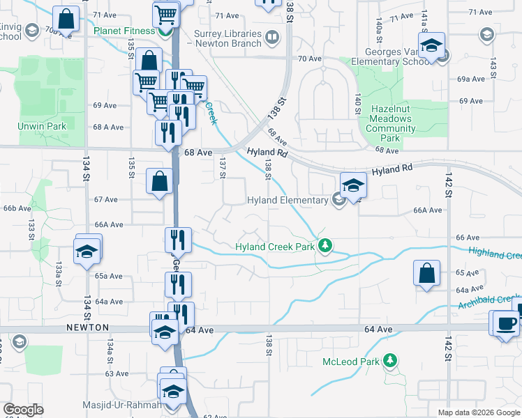 map of restaurants, bars, coffee shops, grocery stores, and more near 6669 138 Street in Surrey