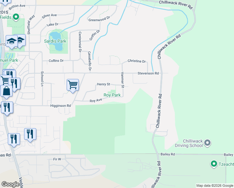 map of restaurants, bars, coffee shops, grocery stores, and more near 46265 Roy Avenue in Chilliwack