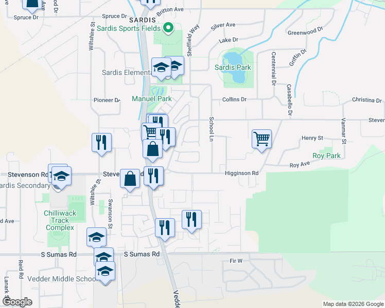 map of restaurants, bars, coffee shops, grocery stores, and more near 45752 Stevenson Road in Chilliwack