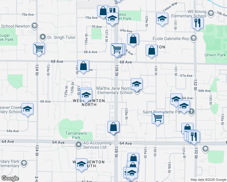 map of restaurants, bars, coffee shops, grocery stores, and more near 6657 128 Street in Surrey