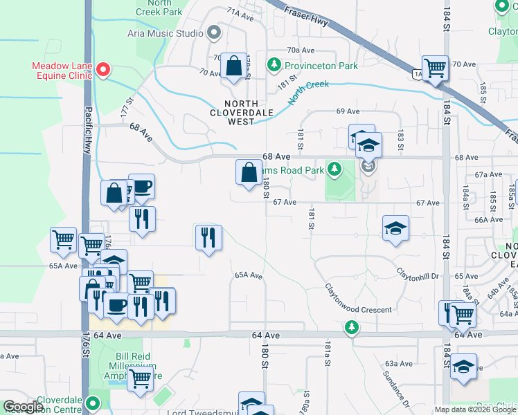 map of restaurants, bars, coffee shops, grocery stores, and more near 6644 180 Street in Surrey