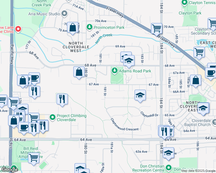 map of restaurants, bars, coffee shops, grocery stores, and more near 18118 67 Avenue in Surrey