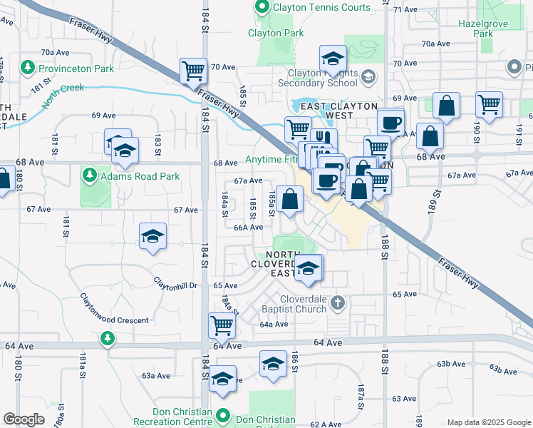 map of restaurants, bars, coffee shops, grocery stores, and more near 6671 185A Street in Surrey