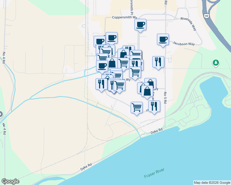 map of restaurants, bars, coffee shops, grocery stores, and more near 12220 Horseshoe Way in Richmond