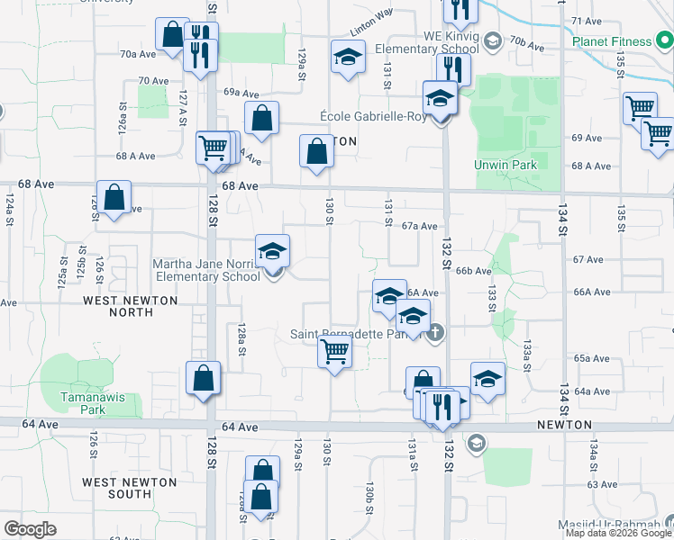 map of restaurants, bars, coffee shops, grocery stores, and more near 6662 130 Street in Surrey